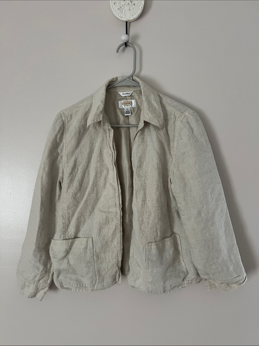 100% Linen Talbots Petites Open Front Jacket Blazer Natural Oatmeal Beige - Picture 2 of 7